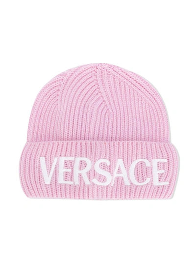 Young Versace Kids' Embroidered Logo Beanie In Pink