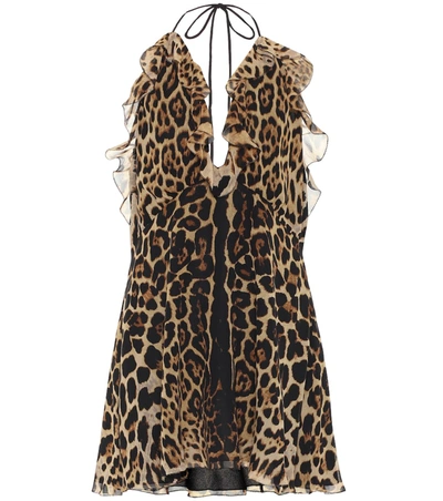 Saint Laurent Ruffle Trim Leopard Print Silk Halter Minidress In Brown