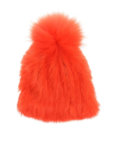 Yves Salomon Red Coral Bonnet Fur Beanie