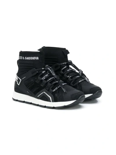 Dolce & Gabbana Teen Logo Sock Lace-up Sneakers In Black