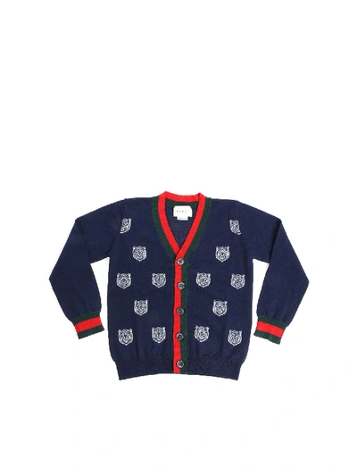 Gucci Kids' Blue Cardigan With Tiger Inlays