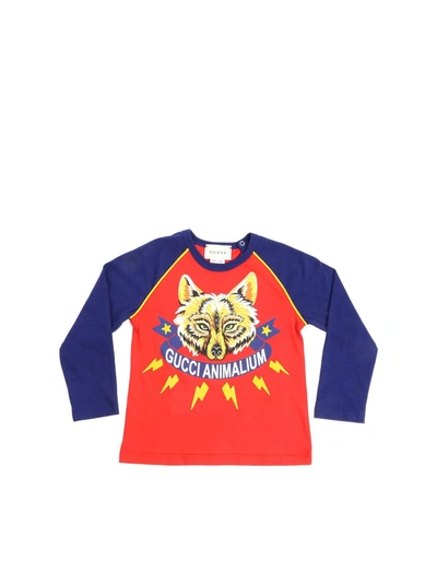 Gucci Kids' Red And Blue T-shirt With Fox Print In Pink