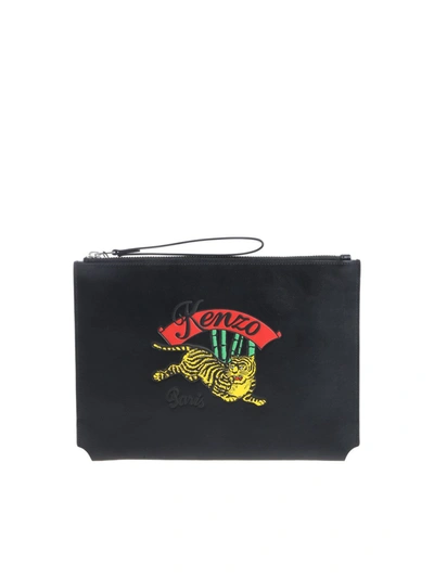 Kenzo "jumping Tiger" Black Leather Clutch