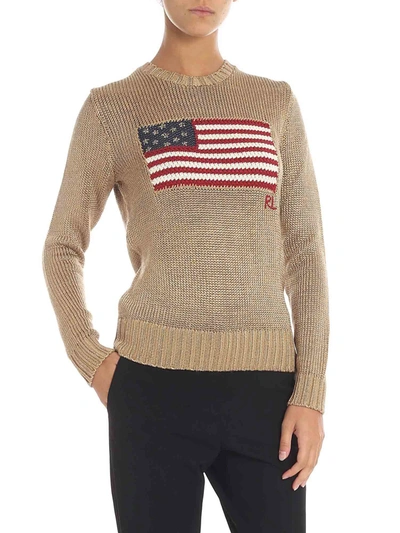 Polo Ralph Lauren Golden Lamé Pullover With Flag Embroidery