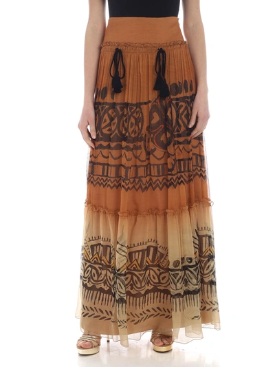 Alberta Ferretti Ethnic Tassels Detail Silk Long Skirt In Brown