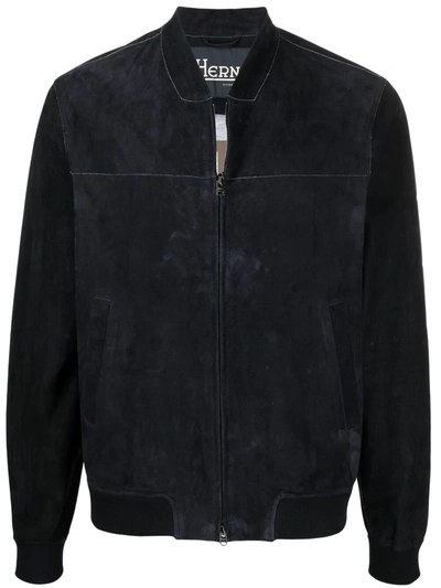 Herno Contrast-stitch Collarless Bomber Jacket In Blue