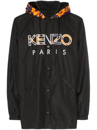 Kenzo Logo Print Hooded Windbreaker Jacket In Black