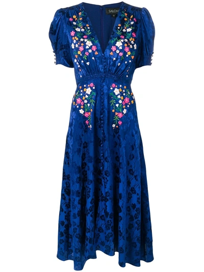 Saloni Lea Dress In Blue With Floral Embroidery