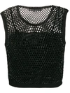Ermanno Scervino Boxy Top In Black Perforated Knit With Rhinestones