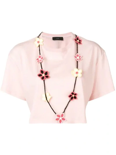 Alanui Pink Cropped T-shirt With Floral Embroidery
