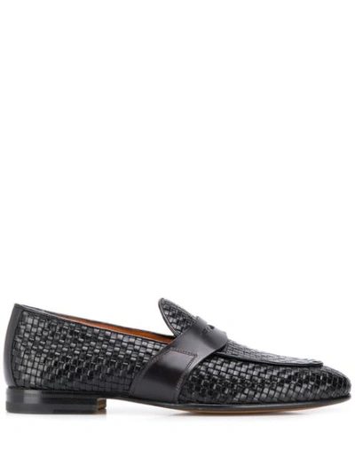Santoni Woven Leather Loafers In Blue In Black