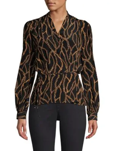 L Agence Cara Chain Print Wrap Top In Black Multi