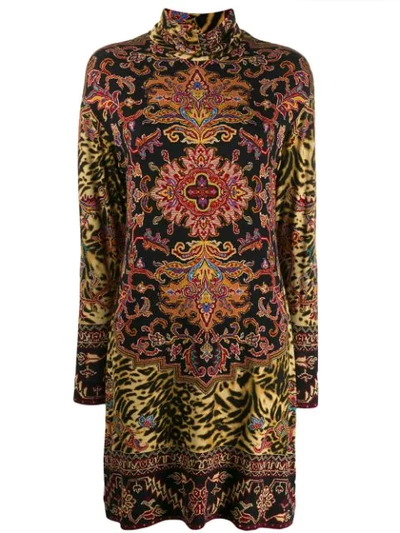 Etro Animal Print Long Sleeve Jersey Turtleneck Dress In Multi