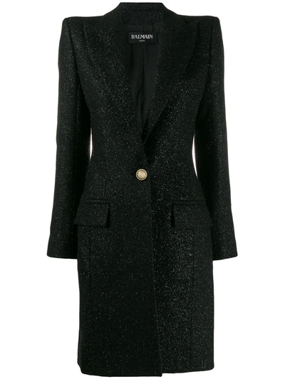 Balmain Single-breasted Coat In Black Lamé Wool