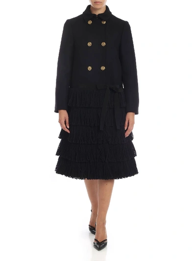 Red Valentino Black Double-breasted Coat With Fringe