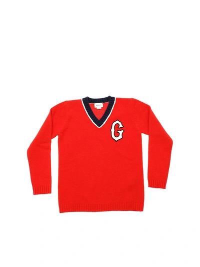 Gucci Kids' Red V-neck Pullover With White G