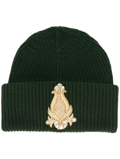 Dondup Black Beanie With Golden Patch In Green