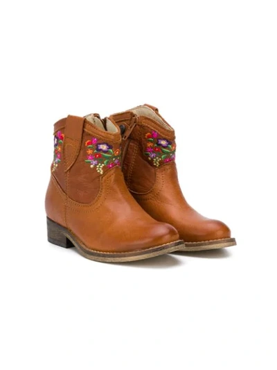 Pèpè Kids' Floral Embroidered Ankle Boots In Brown