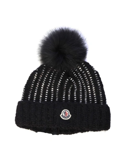 Moncler Black Beanie With Pom Pon