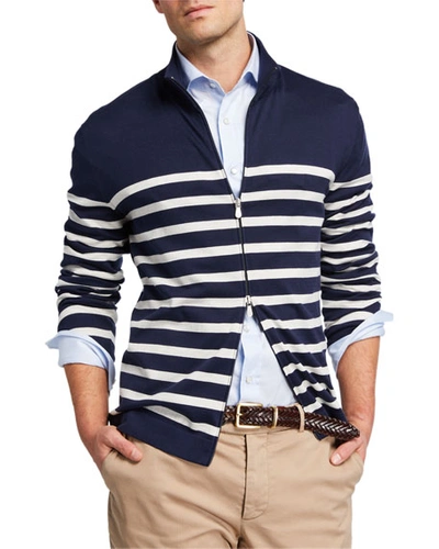 Brunello Cucinelli Men's Striped Zip-front Cardigan Sweater In Blue