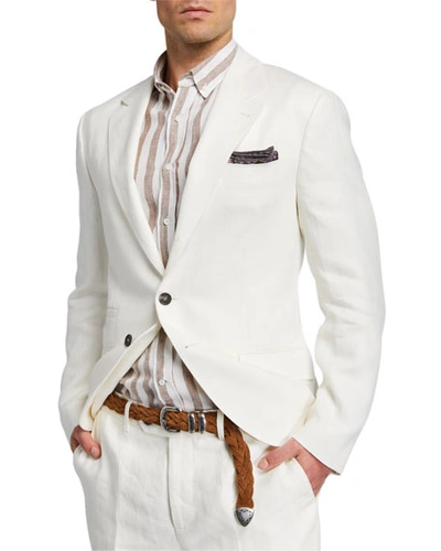 Brunello Cucinelli Men's Two-piece Chevron Linen Suit In White
