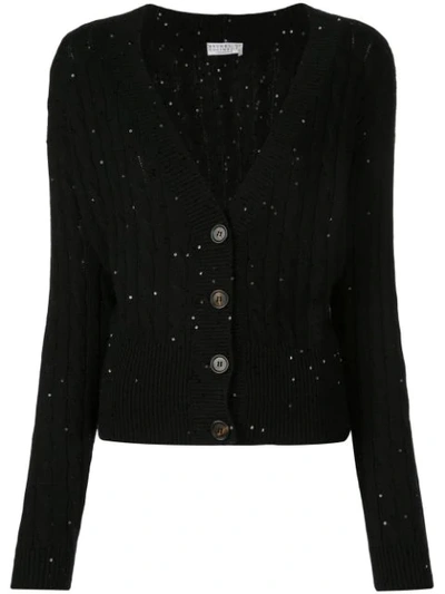 Brunello Cucinelli Linen-silk Cable-knit Sequined Cardigan In Black
