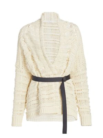 Brunello Cucinelli Netted Shawl Collar Wrap Cardigan With Grosgrain Belt In Ivory