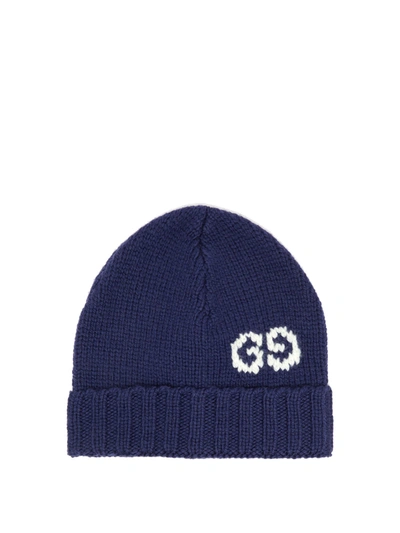 Gucci Gg Jacquard-logo Wool Beanie Hat In Blue