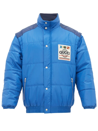 Gucci Worldwide Logo Detachable-sleeve Puffer Jacket In Blue