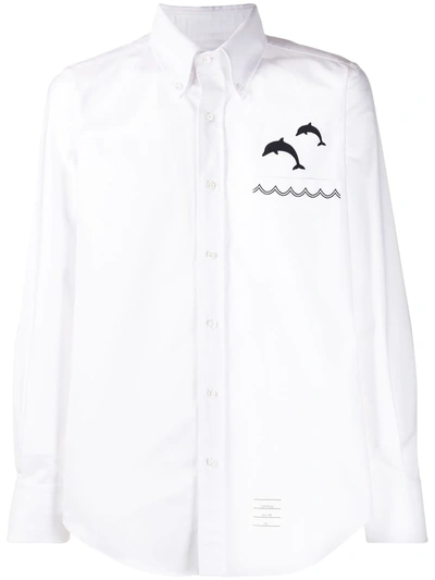 Thom Browne Dolphin Embroidered Oxford Cotton Shirt In White