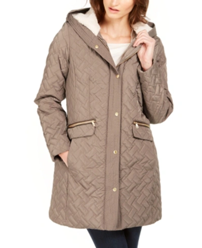 Cole Haan Hooded Fleece-lined Quilted Jacket In Cashew