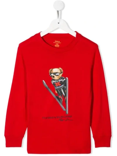 Ralph Lauren Kids' Bear Print Cotton Jersey L/s T-shirt In Red