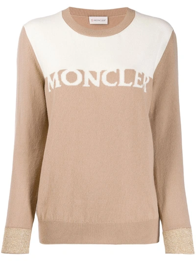 Moncler Logo-embroidered Wool And Cashmere-blend Jumper In Neutrals