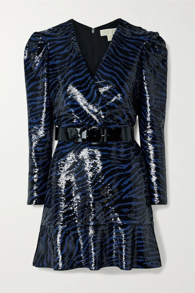 Michael Michael Kors Belted Sequined Jersey Mini Dress In Black,blue