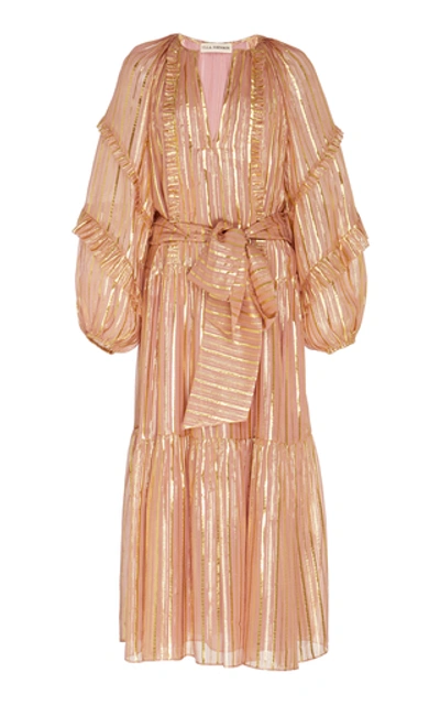 Ulla Johnson Talitha Metallic Stripe Long Sleeve Silk Maxi Dress In Rose