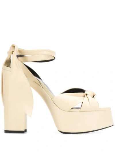 Saint Laurent Bianca Knotted Leather Platform Sandals In White