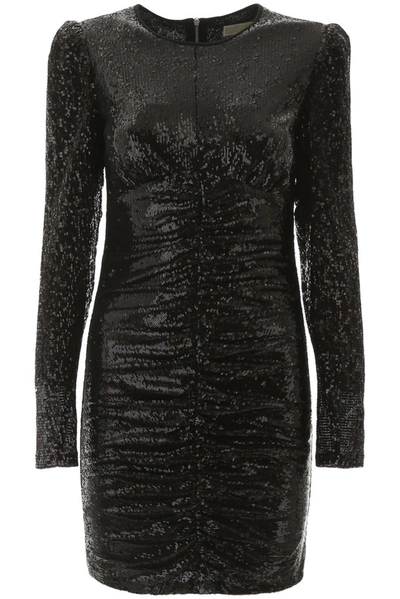 Michael Michael Kors Ruched Sequined Tulle Mini Dress In Black