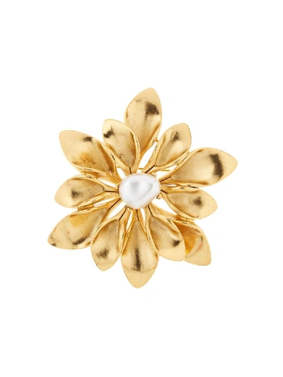 Oscar De La Renta Glass Pearl Goldtone Flower Brooch