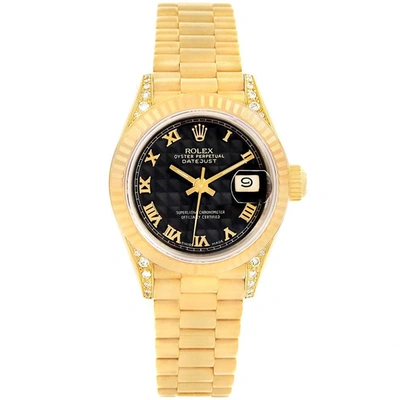 Pre-owned Rolex Black Pyramid 18k Yellow Gold President Crown Women's Wristwatch 26mm