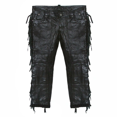 Pre-owned Dsquared2 Black Leather Fringed Trim Detail Cropped Trousers S