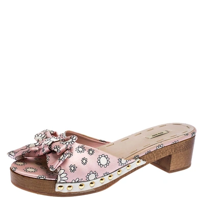 Pre-owned Miu Miu Pink/white Printed Satin Bow Wooden Platform Sandals Size 39.5