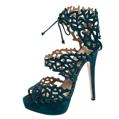 Pre-owned Charlotte Olympia Green Laser Cut Suede Belinda Peep Toe Platform Sandals Size 37.5