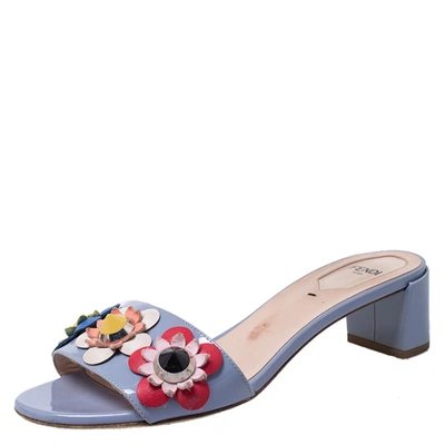 Pre-owned Fendi Multicolor Patent Leather Flowerland Block Heel Slides Size 37