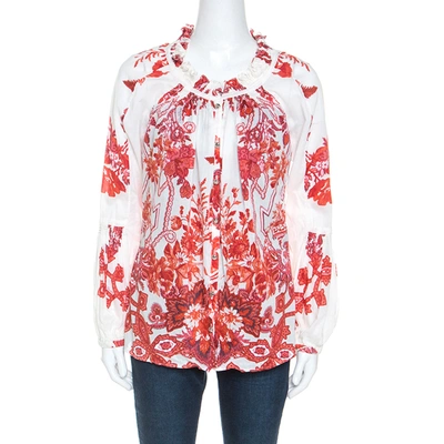 Pre-owned Roberto Cavalli Off White Floral Printed Ruched Detail Shirt S