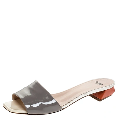 Pre-owned Fendi Grey Patent Leather Slide Sandals Size 37.5