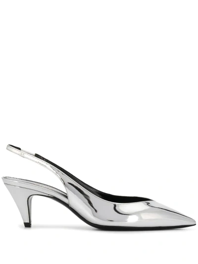 Saint Laurent Kiki Metallic Slingback Pumps In Silver