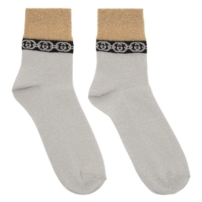 Gucci Silver & Gold Interlocking G Socks In Pearl