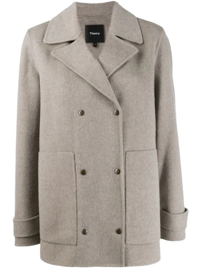 Theory Double-breasted Coat In Beige Melange In Grey