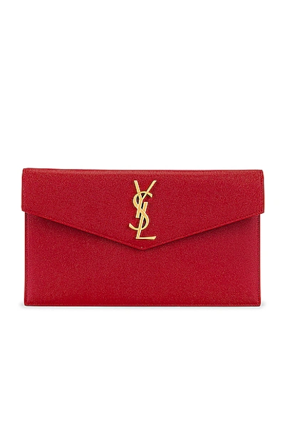 Saint Laurent Uptown Calfskin Leather Envelope Clutch In Rouge Eros