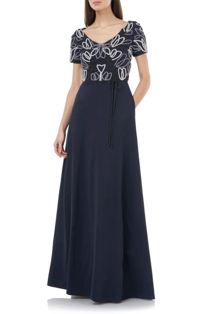 Js Collections Chain Mail Soutache Gown In Navy